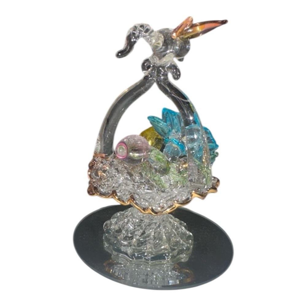 Hand Blown Glass Flower Basket Figurine with Dragonfly on Mirrored Base